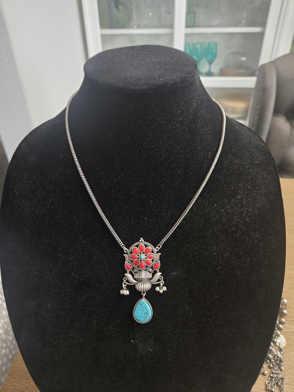 Silver-Tone Floral Pendant Necklace with Red and Turquoise Accents